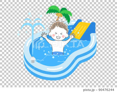 家庭用の子供用、滑り台付きビニールプールで遊ぶ、水着の男の子のイラスト 90476244