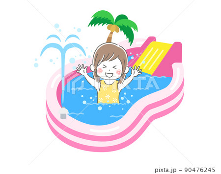 家庭用の子供用、滑り台付きビニールプールで遊ぶ、水着の女の子のイラスト 90476245