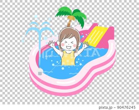 家庭用の子供用、滑り台付きビニールプールで遊ぶ、水着の女の子のイラスト 家庭用の子供用、滑り台付きビニールプールで遊ぶ、水着の女の子のイラスト 90476245