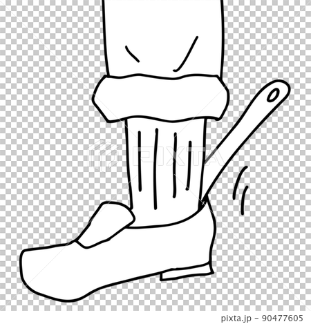Line drawing illustration of the scene of wearing shoes using a shoehorn Line drawing illustration of the scene of wearing shoes using a shoehorn 90477605