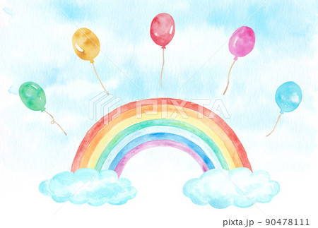 イラスト素材: 水彩絵の具で手描きした虹色グラデーションとバルーンと青空背景 90478111