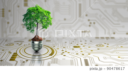 Tree with soil growing on  Light bulb. Digital Convergence and and Technology Convergence. Blue light and network background. Green Computing, Green Technology, Green IT, csr, and IT ethics Concept. 90478617