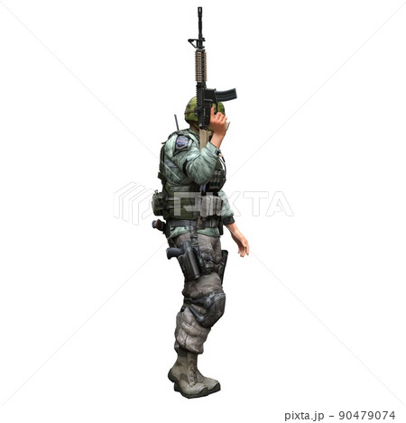 Soldier with a machine gun isolated white background 3d illustration 90479074