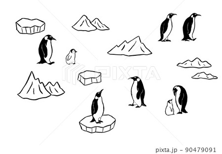 モノクロ手描き 氷の上にいるペンギン 親子  90479091