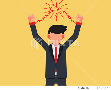 Confident and angry business man breaking chain shackle handcuffs. Confident and angry business man breaking chain shackle handcuffs. 90479287
