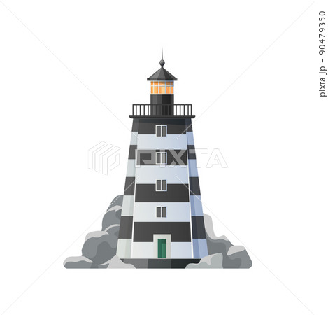 Retro lighthouse icon. Navigational lighthouse lantern building, vector coastal beacon. Navigation safety, maritime travel symbol. Old lighthouse tower on seaside with rocks and stones Retro lighthouse icon. Navigational lighthouse lantern building, vector coastal beacon. Navigation safety, maritime travel symbol. Old lighthouse tower on seaside with rocks and stones 90479350