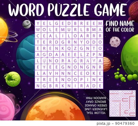 Cartoon space planets and stars word search puzzle game vector worksheet. Kids quiz grid, riddle or maze, color learning game on stars background with planets and asteroids of alien galaxy universe 90479360