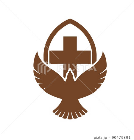 Christianity religion icon with dove, church and cross. Christian community or mission vector emblem. Christian confession or church sign with Holy Spirit bird silhouette symbol Christianity religion icon with dove, church and cross. Christian community or mission vector emblem. Christian confession or church sign with Holy Spirit bird silhouette symbol 90479391