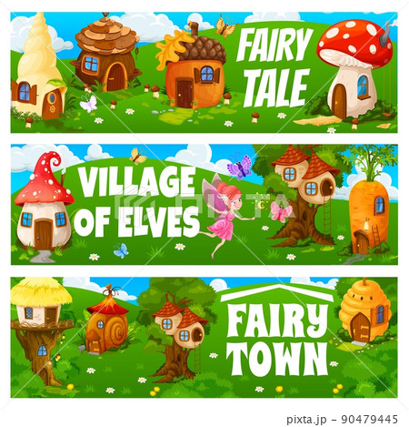 Fairy town and village banners, cartoon gnome and elf houses, vector fairy dwellings. Kids fairy tale dwarfs or magic elf and pixie homes in mushroom, acorn and carrot or snail and nest Fairy town and village banners, cartoon gnome and elf houses, vector fairy dwellings. Kids fairy tale dwarfs or magic elf and pixie homes in mushroom, acorn and carrot or snail and nest 90479445