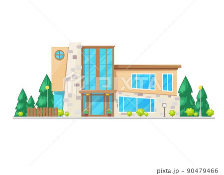 Modern home building framed by natural stone wall trim, vector real estate and residential property architecture. Village cottage, apartment house or family villa exterior with front door and windows Modern home building framed by natural stone wall trim, vector real estate and residential property architecture. Village cottage, apartment house or family villa exterior with front door and windows 90479466