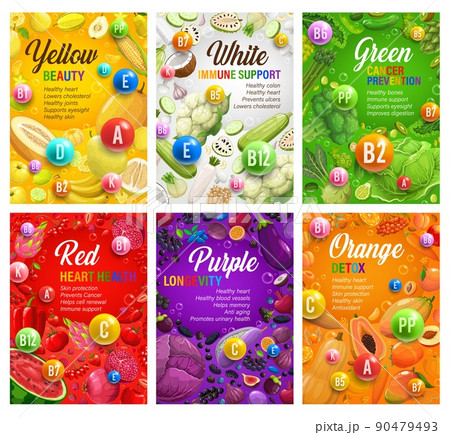 Color rainbow diet posters. Organic nutrition and multivitamins. Vector fruits, vegetables and vitamins of color diet. Antioxidant, detox or cancer prevention, immune support, beauty benefits 90479493