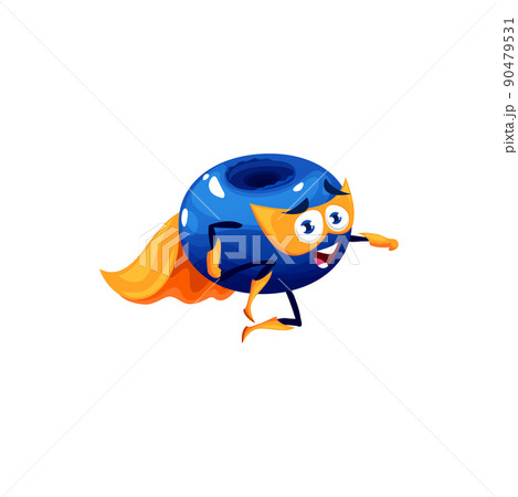 Funny blueberry flying character, cartoon bilberry superhero. Isolated vector berry super hero personage in cape, boots, gloves and mask fly with raised arm. Fairytale whortleberry with big eyes 90479531