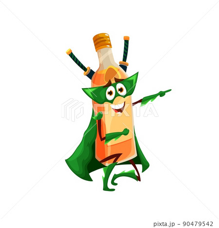 Cartoon mezcal ninja defender, mexican tequila superhero character. Isolated vector super hero bottle in green cape, boots, gloves and mask with ninjato swords on back. Funny alcohol drink personage 90479542