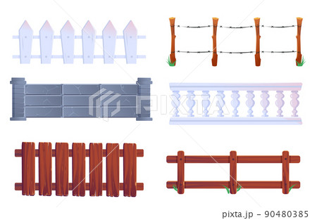 Fence, vector wooden and stone railings, palisade 90480385