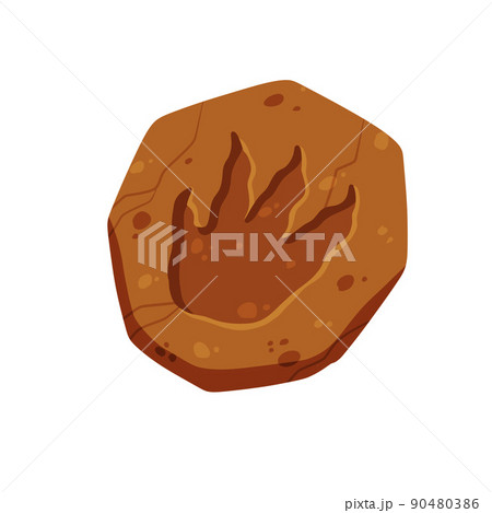Footprints of a fossil dinosaur. Dino reptile foot trail. Paw in brown clay or stone. 90480386