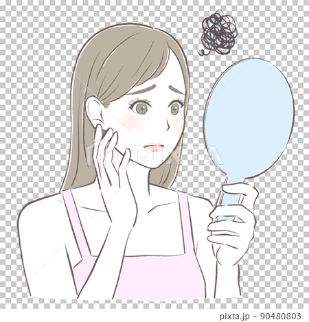A woman suffering from skin problems looking at a hand mirror A woman suffering from skin problems looking at a hand mirror 90480803