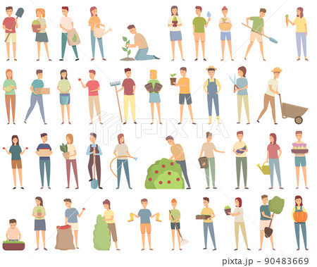 Gardening with kids icons set cartoon vector. Garden tree. Cleaning earth 90483669