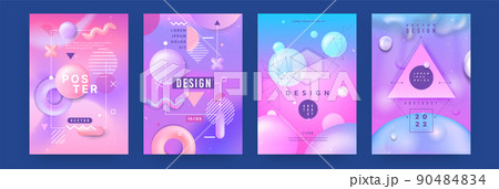 Abstract pastel backgrounds. Pattern with soft gradient. Beauty color posters. Holographic smooth geometric shapes. Outline figures and text. Delicate pearl banner template. Vector design labels set 90484834