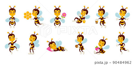 Cute bees and honey. Happy flying animal mascot with honeycomb or flower. Insect characters poses and actions. Smile honeybee logo for delivery. Wasp carries sweets. Cartoon vector bugs positions set 90484962