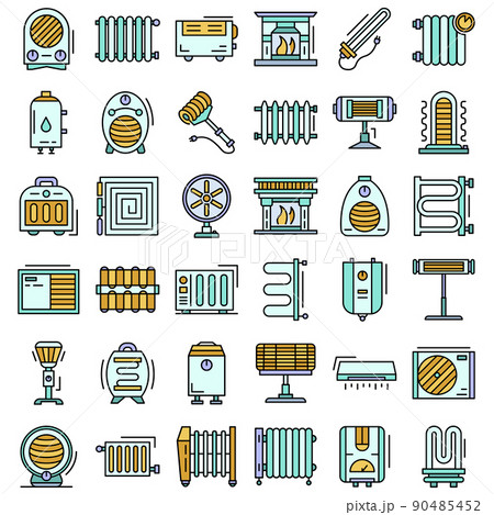 Electric heater icon set, outline style Electric heater icon set, outline style 90485452