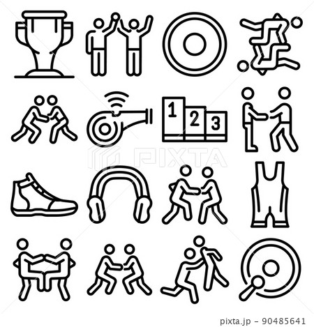 Greco-Roman wrestling icons set, outline style Greco-Roman wrestling icons set, outline style 90485641
