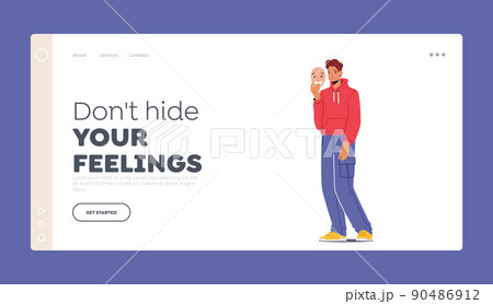 Fake Emotions Landing Page Template. Depressed Anonymous Man Holding Smiling Mask. Unhappy Male Character with Mask Fake Emotions Landing Page Template. Depressed Anonymous Man Holding Smiling Mask. Unhappy Male Character with Mask 90486912
