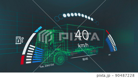 Image of speedometer, gps and charge status data on vehicle interface, over 3d truck model Image of speedometer, gps and charge status data on vehicle interface, over 3d truck model 90487228