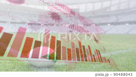 Coronavirus digital interface against rugby ball in sports stadium 90488043