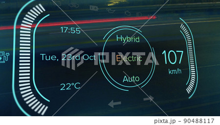 Image of interface with speedometer, fuel selection and status information, on black 90488117