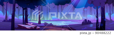 Summer forest landscape with lake at night Summer forest landscape with lake at night 90488222