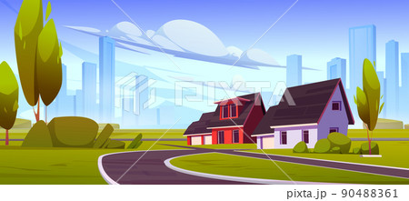Suburb district with houses, road in summer Suburb district with houses, road in summer 90488361