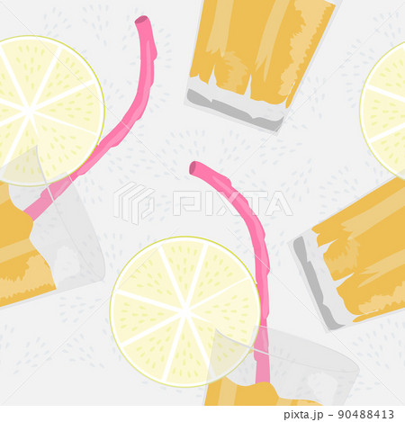 seamless pattern with a glass of juice or a drink with a slice of lemon. vector graphics 90488413