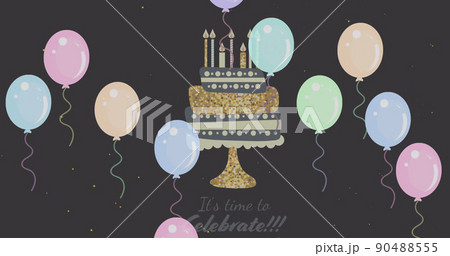 Image of birthday cake with lit candles and party balloons on black background Image of birthday cake with lit candles and party balloons on black background 90488555