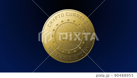 Image of golden nft coin spinning on blue background 90488955