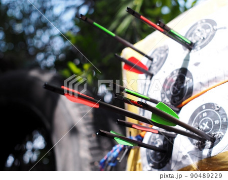 black glass carbon fibre archery crossbow bolts with red and green colour vanes on house-made practice target in private backyard garden outdoor with authentic summer plant blur in background black glass carbon fibre archery crossbow bolts with red and green colour vanes on house-made practice target in private backyard garden outdoor with authentic summer plant blur in background 90489229