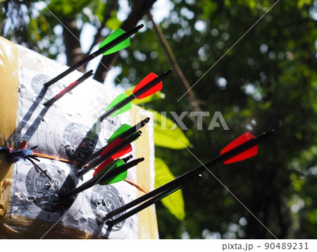black glass carbon fibre archery crossbow bolts with red and green colour vanes on house-made practice target in private backyard garden outdoor with authentic summer plant blur in background black glass carbon fibre archery crossbow bolts with red and green colour vanes on house-made practice target in private backyard garden outdoor with authentic summer plant blur in background 90489231