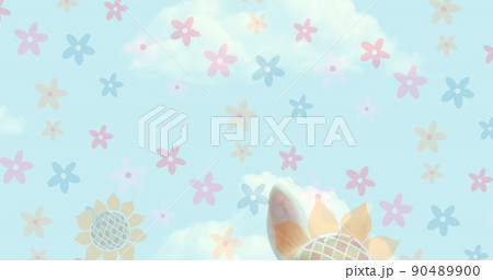Composite image of flowers icons moving over easter bunny against clouds in the blue sky Composite image of flowers icons moving over easter bunny against clouds in the blue sky 90489900