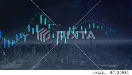 Composite image of statistical data processing against aerial view of cityscape at night 90489956