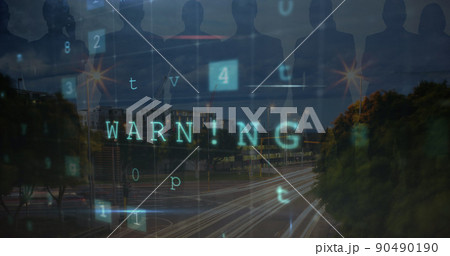 Image of cyber attack warning and people silhouettes over cityscape 90490190