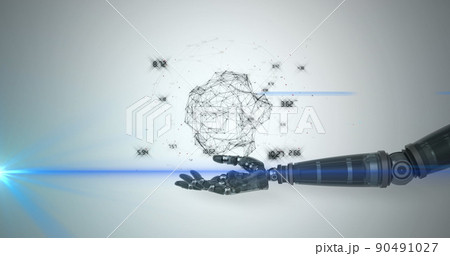 Image of network of processing data over hand of robot arm, with blue light on grey background Image of network of processing data over hand of robot arm, with blue light on grey background 90491027
