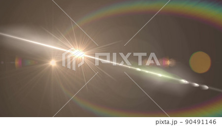 Image of white light with beam and prismatic lens flare on grey background 90491146