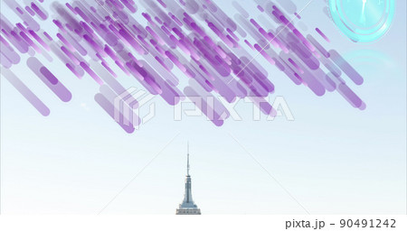 Image of moving clock and purple lines over cityscape Image of moving clock and purple lines over cityscape 90491242