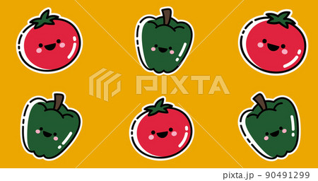 Image of smiling red tomatoes and green peppers moving upwards on yellow background 90491299