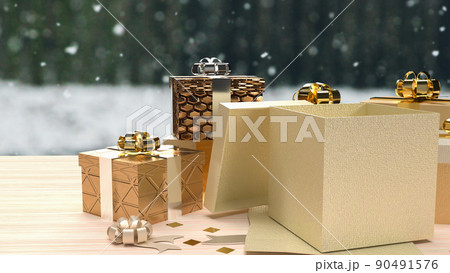 The gold gift boxes on wood table for celebration concept 3d rendering The gold gift boxes on wood table for celebration concept 3d rendering 90491576