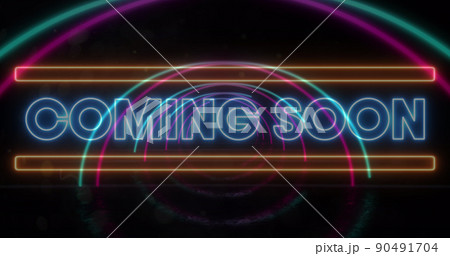 Image of coming soon text over neon lines on black background Image of coming soon text over neon lines on black background 90491704