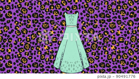 Digital image of multiple female dress icons against leopard print design on purple background 90491776