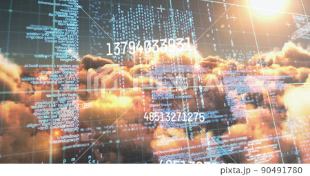 Image of numbers and computer code processing over sunset sky Image of numbers and computer code processing over sunset sky 90491780