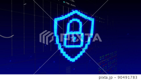 Security padlock icon against financial and stock market data processing against blue background 90491783