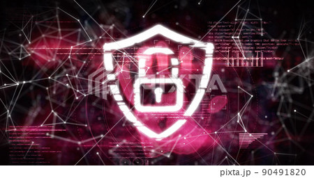 Digital image of security padlock icon against network of connections on pink background Digital image of security padlock icon against network of connections on pink background 90491820