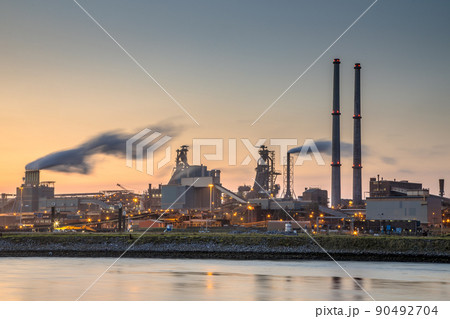 Industrial landscape scene at sunset Industrial landscape scene at sunset 90492704